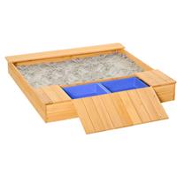 Outsunny zandbak stofdichte houten zandbak met 2 opbergbakken 3-6 jaar naturel + blauw 125 x 121 x 17,5 cm | Aosom Netherlands