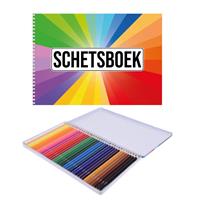 Bellatio A4 Kleuren Waaier Schetsboek/ Tekenboek/ Kleurboek/ Schetsblok Wit Papier Met 36 Kleurpotloden chetsboeken
