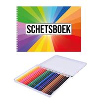 Bellatio A4 Kleuren Waaier Schetsboek/ Tekenboek/ Kleurboek/ Schetsblok Wit Papier Met 24 Kleurpotloden chetsboeken