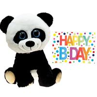 Bellatio Design Pluche knuffel panda beer cm met A5-size Happy Birthday wenskaart -