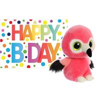 Aurora Pluche knuffel flamingo 20 cm met A5-size Happy Birthday wenskaart -