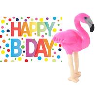 Pluche knuffel flamingo 31 cm met A5-size Happy Birthday wenskaart -