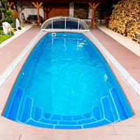 Gartentraum.de Viereckiger GFK Pool aus Glasverbund - Komplettset - 350x750cm - integrierte breite Stufen - groß - Mar Menor Smaragd / Hellblau