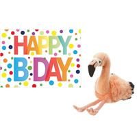 Nature Plush Planet Pluche knuffel flamingo 18 cm met A5-size Happy Birthday wenskaart -