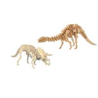 Houten 3D dino puzzel bouwpakket set Triceratops en Apatosaurus/langnek -
