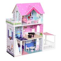 HOMCOM Puppenvilla Mädchen Spielzeug Kinder Puppenhaus aus Holz Puppenstube Dollhouse 3 Etagen mit Möbel und Zubehör 86 x 30 x 87 cm