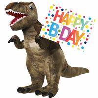 Nature Plush Planet Pluche knuffel Dino T-rex van 48 cm met A5-size Happy Birthday wenskaart -
