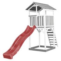 AXI Beach Tower Speeltoestel Van Hout In Grijs En Wit Speeltoren Met Zandbak, En Rode Glijbaan