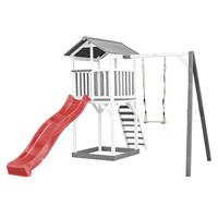 AXI - Beach Tower Spielturm aus Holz in Weiß & Grau Spielhaus für Kinder mit roter Rutsche, Schaukel und Sandkasten Stelzenhaus für den Garten - Weiß