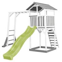 AXI - Beach Tower Spielturm aus Holz in Weiß & Grau Spielhaus für Kinder mit hellgrüner Rutsche, Klettergerüst und Sandkasten Stelzenhaus für den