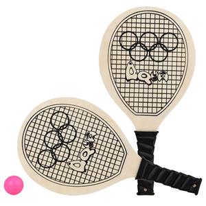 Houtkleurige beachball set met tennisracketprint buitenspeelgoed - Houten beachballset - Rackets/batjes en bal - Tennis ballenspel