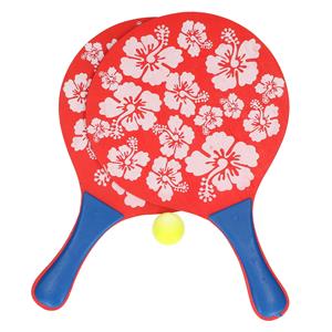 Rode beachball set met bloemenprint buitenspeelgoed - Houten beachballset - Rackets/batjes en bal - Tennis ballenspel