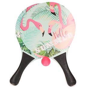Zwarte beachball set met flamingoprint buitenspeelgoed - Houten beachballset - Rackets/batjes en bal - Tennis ballenspel