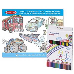 Melissa & Doug Jongens voertuigen kleurboek met 36x kleurpotloden set -
