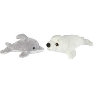 Ravensden Zeedieren serie zachte pluche knuffels 2x stuks - Dolfijn en Zeehond pup van 15 cm -