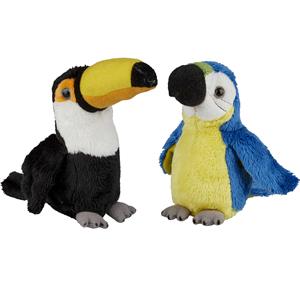 Ravensden Tropische vogels pluche knuffels 2x stuks - Blauwe Macaw Papegaai en Toekan van 15 cm -