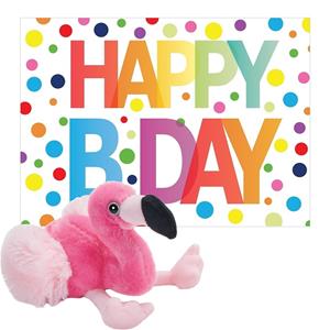 Wild Republic Pluche dieren knuffel flamingo 18 cm met Happy Birthday wenskaart -