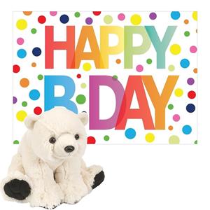 Wild Republic Pluche dieren knuffel ijsbeer 20 cm met Happy Birthday wenskaart -