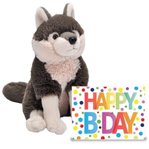Ravensden Verjaardag cadeau wolf 25 cm met Happy Birthday wenskaart -