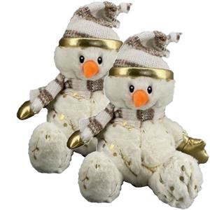 2x stuks pluche sneeuwpop knuffels pop met muts en sjaal 23 cm -