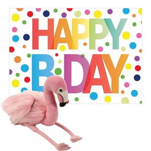 Wild Republic Pluche dieren knuffel flamingo 20 cm met Happy Birthday wenskaart -