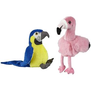 Ravensden Knuffeldieren set papegaai en flamingo pluche knuffels 18 cm -