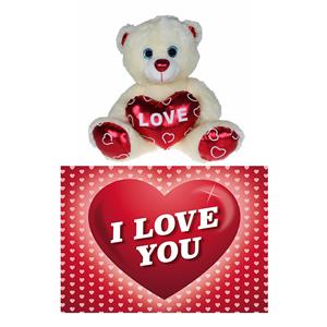 Merkloos Pluche knuffelbeer 15 cm met wit/rood Valentijn Love hartje incl. hartjes wenskaart -