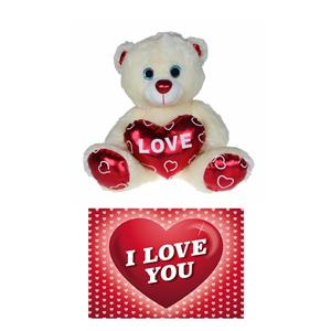 Pluche knuffelbeer 20 cm met wit/rood Valentijn Love hartje incl. hartjes wenskaart -
