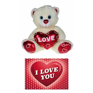 Merkloos Pluche knuffelbeer 25 cm met wit/rood Valentijn Love hartje incl. hartjes wenskaart -
