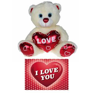 Pluche knuffelbeer 30 cm met wit/rood Valentijn Love hartje incl. hartjes wenskaart -