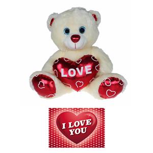 Pluche knuffelbeer 60 cm met wit/rood Valentijn Love hartje incl. hartjes wenskaart -