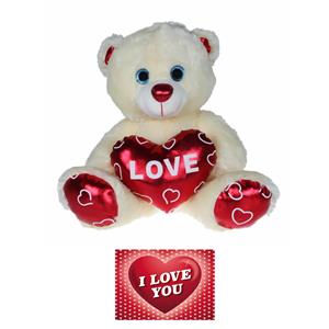 Pluche knuffelbeer 80 cm met wit/rood Valentijn Love hartje incl. hartjes wenskaart -