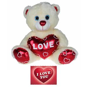 Pluche knuffelbeer 90 cm met wit/rood Valentijn Love hartje incl. hartjes wenskaart -