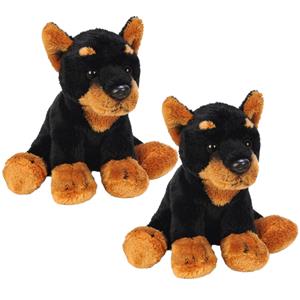 Merkloos 2x stuks pluche zwart/bruine doberman honden knuffel 13 cm speelgoed -