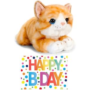 Cadeau setje pluche rood/witte kat/poes knuffel 32 cm met Happy Birthday wenskaart -