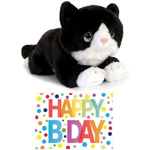 Merkloos Cadeau setje pluche zwart/witte kat/poes knuffel 32 cm met Happy Birthday wenskaart -