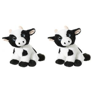 Merkloos Set van 2x stuks zwart met witte pluche koe/koeien knuffels 14 cm -