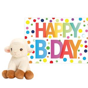 Keel Toys Pluche dieren knuffel schaap/lammetje 12 cm met Happy Birthday wenskaart -