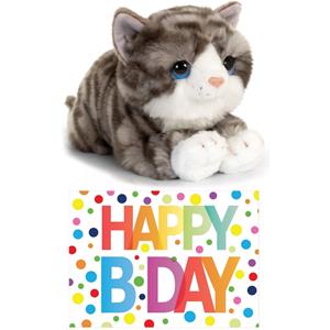 Cadeau setje pluche grijze kat/poes knuffel 32 cm met Happy Birthday wenskaart -