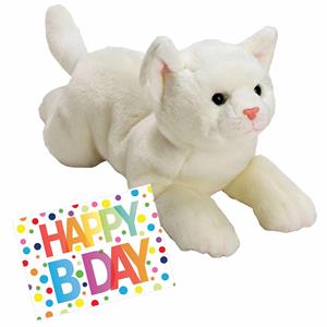 Nature Planet Pluche knuffel witte kat/poes 33 met A5-size Happy Birthday wenskaart -