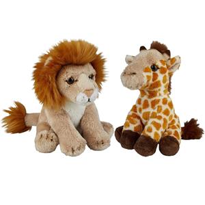 Ravensden Safari dieren serie pluche knuffels 2x stuks - Giraffe en Leeuw van 15 cm -