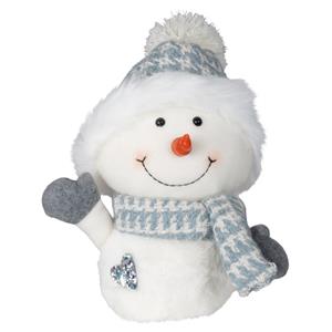 Pluche decoratie sneeuwpop - 27 cm - blauw - met sjaal en muts -