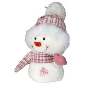 Merkloos Pluche decoratie sneeuwpop - 27 cm - roze - pop - met sjaal en muts -