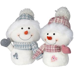 Pluche sneeuwpop knuffels - set 2x st - roze en blauw - 27 cm -