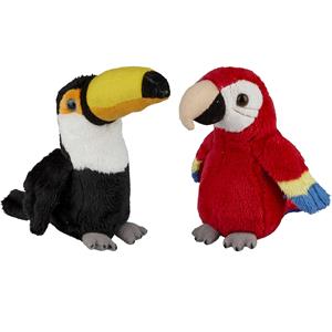 Ravensden Tropische vogels pluche knuffels 2x stuks - Rode Macaw Papegaai en Toekan van 15 cm -