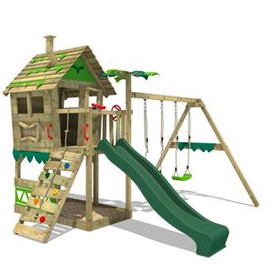 Spielturm Klettergerüst JungleJumbo mit Schaukel & Rutsche, Kletterturm mit Sandkasten, Leiter & Spiel-Zubehör - grün - Fatmoose
