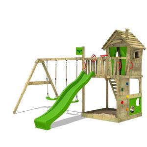 Spielturm Klettergerüst HappyHome mit Schaukel & Rutsche, Spielhaus mit Sandkasten, Leiter & Spiel-Zubehör - apfelgrün - Fatmoose