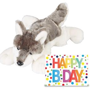 Ravensden Verjaardag cadeau wolf 25 cm met Happy Birthday wenskaart -