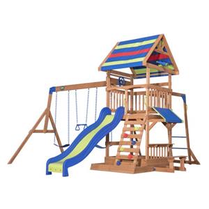 backyarddiscovery Spielturm Holz Northbrook Spielplatz für Kinder mit Rutsche, Sandkasten, Schaukel und Picknicktisch Schaukelset für den Garten - Braun - Backyard