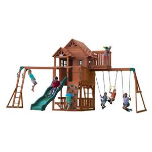 backyarddiscovery Spielturm Skyfort ii aus Holz xxl Spielhaus für Kinder mit Rutsche, Schaukel, Trapezstange, Kletterwand und Aussichtsturm Stelzenhaus für den Garten